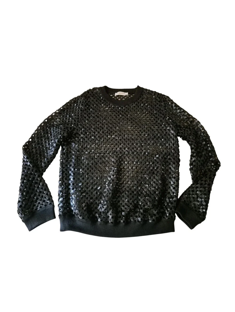 Tory Burch Black Lansing Merino Wool Blend Open Knit Sequined Sweater Medium